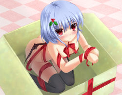Rule 34 | 1girl, bat wings, bdsm, black thighhighs, blue hair, blush, bondage, bound, bound wrists, box, female focus, from above, fujieda uzuki, hair ornament, in box, in container, naked ribbon, nude, red eyes, remilia scarlet, ribbon, ribbon bondage, short hair, sitting, solo, thighhighs, touhou, wariza, wings