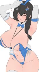 Rule 34 | animal ears, areola slip, arm behind head, armpits, arms up, between breasts, black hair, blue bow, blue bowtie, blue leotard, bowtie, breasts, closed eyes, detached collar, edmun6969, elbow gloves, fake animal ears, fake tail, gloves, gluteal fold, goddess of victory: nikke, grin, heart, huge breasts, id card, leotard, long hair, mary (medical rabbit) (nikke), mary (nikke), navel, official alternate costume, playboy bunny, rabbit ears, rabbit tail, see-through, see-through leotard, smile, strapless, strapless leotard, tail, thigh gap, thighhighs, white gloves, white thighhighs