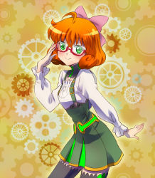 Rule 34 | 1girl, :&gt;, adjusting eyewear, ahoge, bespectacled, black thighhighs, blouse, blush, bow, buckle, contrapposto, cowboy shot, dress, freckles, gears, glasses, green dress, hair bow, highres, iesupa, long sleeves, looking at viewer, orange hair, outstretched arm, penny polendina, pleated dress, red-framed eyewear, rwby, semi-rimless eyewear, shirt, short hair, skirt, smile, solo, standing, suspender skirt, suspenders, thighhighs, under-rim eyewear, white shirt, yellow background