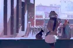 Rule 34 | 1girl, bag, black pantyhose, black scarf, blue eyes, brown coat, brown hair, building, cat, closed mouth, coat, commentary, english commentary, highres, lobelia (saclia), long sleeves, medium hair, original, pantyhose, scarf, shopping bag, sitting, skirt, snowing, solo, white skirt