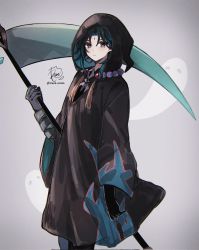 Rule 34 | 1boy, arm at side, artist name, bead necklace, beads, black cloak, black gloves, black hair, cloak, closed mouth, eyeshadow, facial mark, forehead mark, genshin impact, ghost, gloves, green hair, grey background, halloween, halloween costume, highres, holding, holding scythe, hood, hood up, hooded cloak, jewelry, long sleeves, looking at viewer, makeup, male focus, multicolored hair, necklace, official alternate costume, parted bangs, riane cotton, scythe, short hair, sidelocks, signature, standing, streaked hair, tassel, xiao (genshin impact), xiao (halloween) (genshin impact), yellow eyes