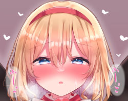 Rule 34 | 1girl, alice margatroid, blonde hair, blue eyes, blush, breath, cropped, hair between eyes, hairband, half-closed eyes, heart, heart-shaped pupils, highres, long hair, looking at viewer, nose blush, otowa (otoha4634), portrait, short hair, solo, sound effects, symbol-shaped pupils, touhou