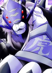 Rule 34 | baihumon, claws, digimon, fangs, highres, kanji, mask, multiple eyes, red eyes, tiger