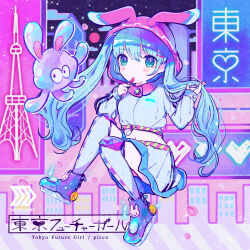 Rule 34 | 1girl, absurdres, album cover, animal hood, applying makeup, blue eyes, blue hair, breasts, commentary request, cosmetics, cover, cropped jacket, full body, hands up, hatsune miku, highres, holding, holding lipstick tube, holding own hair, hood, hood up, invisible chair, jacket, kiato, knee pads, lipstick tube, long hair, long sleeves, looking at viewer, midriff, purple footwear, rabbit hood, second-party source, shoes, sitting, skirt, small breasts, solo, tokyo tower, twintails, very long hair, vocaloid, white jacket, white skirt