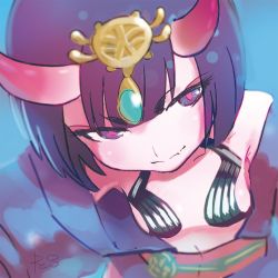 Rule 34 | 1girl, bare shoulders, blue background, blunt bangs, breasts, closed mouth, eyebrows, eyeshadow, fang, fate/grand order, fate (series), from above, headpiece, horns, japanese clothes, looking away, looking to the side, makeup, midriff, oni, pink pupils, purple eyes, purple hair, reiesu (reis), revealing clothes, short hair, shuten douji (fate), signature, skin-covered horns, small breasts, smile, solo, tsurime