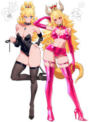 Rule 34 | 2girls, absurdres, bare shoulders, black leotard, black thighhighs, blonde hair, blue eyes, boots, bowsette, bracelet, breasts, cleavage, cleavage cutout, clothing cutout, collar, collarbone, cosplay, costume switch, dragon horns, dragon tail, dress, elbow gloves, gloves, goomba, groin, high heels, highres, horns, jewelry, large breasts, leotard, long hair, mario (series), miniskirt, multiple girls, navel, new super mario bros. u deluxe, nintendo, pink gloves, pink shirt, pink skirt, pink thighhighs, princess peach, sharp teeth, shirt, short dress, skirt, spiked bracelet, spiked collar, spikes, strapless, strapless leotard, super crown, tail, teeth, thigh boots, thighhighs, thighs, thong, wonbin lee