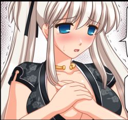 Rule 34 | 1girl, blue eyes, blush, breasts, cleavage, hand on another&#039;s chest, hands on own chest, huge breasts, kafu (logaemon), long hair, lowres, mabinogi, nao (mabinogi), nervous, solo, sweatdrop, tears, twintails, white hair