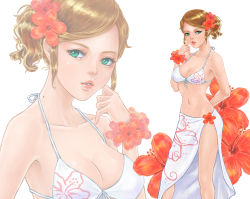 Rule 34 | 1girl, arm behind back, bikini, breasts, brown hair, cleavage, floral print, flower, front-tie bikini top, front-tie top, green eyes, hair flower, hair ornament, hibiscus print, highres, large breasts, mole, original, peiyu zhou, short hair, simple background, solo, standing, swimsuit, white background, white bikini