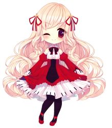 Rule 34 | 1girl, black pantyhose, blonde hair, blush, bow, chibi, cross, cross hair ornament, curly hair, detached sleeves, dress, frills, full body, hair ornament, hair ribbon, instrument, juliet sleeves, knees together feet apart, long hair, long sleeves, looking at viewer, notes, one eye closed, original, pantyhose, piano, piano print, pink hair, puffy sleeves, red dress, red eyes, red hair, red theme, ribbon, smile, solo, studio, transparent background, vampire, wavy hair, white background, yamio