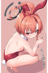 Rule 34 | 1girl, ahoge, animal ears, bandaid, bandaid on foot, bandaid on knee, bandaid on leg, bare back, bare legs, barefoot, blue archive, blush, braid, breasts, cigarette, detached collar, fake animal ears, fake tail, halo, highres, holding, holding cigarette, huge ahoge, isinose (ilxodidli), leotard, looking at viewer, looking back, mole, mole under each eye, mole under eye, multiple moles, neru (blue archive), neru (bunny) (blue archive), official alternate costume, orange hair, oversized breast cup, petite, pink background, playboy bunny, rabbit ears, rabbit tail, red leotard, short hair, simple background, single braid, small breasts, smoke, solo, squatting, strapless, strapless leotard, sweat, tail, tiptoes, translation request