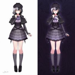 1girl black_capelet black_footwear black_hair black_sleeves capelet commentary deerstalker design_speculation english_commentary evil_grin evil_smile full_body grey_hair grey_skirt grey_socks grin hat highres holding holding_knife hololive hololive_english kneehighs knife looking_at_viewer magnifying_glass multicolored_hair seekorplatypus shiori_novella skirt smile socks solo split-color_hair standing teeth two-tone_hair virtual_youtuber yellow_eyes