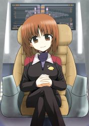 Rule 34 | 1girl, alternate costume, anglerfish, brown eyes, brown hair, commentary request, crossed legs, fish, girls und panzer, highres, insignia, kamishima kanon, nishizumi miho, partial commentary, short hair, sitting, solo, star trek, starfleet uniform