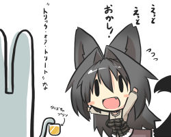 Rule 34 | 1girl, animal ears, arms up, artist self-insert, blush stickers, chibi, choker, commentary request, dress, fang, fox ears, fox tail, goma (gomasamune), hair between eyes, halloween, long sleeves, open mouth, original, parted bangs, rabbit, sketch, tail, translation request, white background, wolf ears, wolf tail
