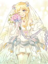 Rule 34 | 1girl, alternate costume, bare shoulders, blonde hair, blue eyes, bouquet, bow, braid, braided ponytail, breasts, bride, commentary, cowboy shot, dress, elbow gloves, fire emblem, fire emblem: genealogy of the holy war, flower, gloves, holding, holding bouquet, jewelry, long hair, looking at viewer, nintendo, one eye closed, open mouth, patty (fire emblem), ribbon, single braid, small breasts, smile, solo, strapless, strapless dress, teeth, upper teeth only, usachu now, veil, wedding, wedding dress, white dress