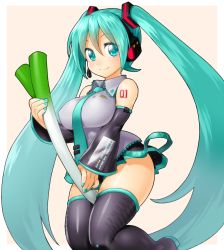 Rule 34 | 1girl, aqua eyes, aqua hair, boots, detached sleeves, hatsune miku, headset, long hair, necktie, onsoku inu, skirt, smile, solo, spring onion, thigh boots, thighhighs, twintails, very long hair, vocaloid