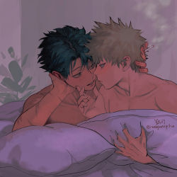 Rule 34 | 2boys, absurdres, artist name, bakugou katsuki, bed sheet, blonde hair, boku no hero academia, collarbone, commentary request, eye contact, freckles, green eyes, green hair, hand in another&#039;s hair, hand on another&#039;s face, highres, huge filesize, looking at another, lying, male focus, midoriya izuku, multiple boys, naked sheet, parted lips, pillow, pillow grab, plant, short hair, smoke, topless male, wengwengchim, yaoi