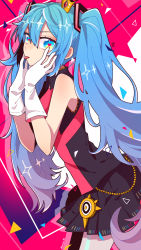 Rule 34 | 1girl, :p, alternate costume, black shirt, black skirt, blue eyes, blue hair, colorful, commentary request, cowboy shot, crown, eyes visible through hair, gloves, gradient background, hands on own cheeks, hands on own face, hatsune miku, heart, heart-shaped pupils, highres, hourai 24, kimagure mercy (vocaloid), long hair, looking at viewer, mini crown, multicolored background, multicolored eyes, outline, pink background, purple background, shirt, skirt, sleeveless, sleeveless shirt, solo, sparkle, sparkle background, symbol-shaped pupils, tongue, tongue out, triangle, twintails, twitter username, upper body, v-shaped eyebrows, very long hair, vocaloid, white background, white gloves, yellow eyes
