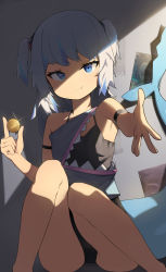 Rule 34 | 1girl, absurdres, alternate costume, arm strap, bare legs, barefoot, black one-piece swimsuit, blue eyes, blue hair, blue shirt, closed mouth, coin, commentary, english commentary, fang, fins, fish tail, flat chest, gawr gura, glint, highres, holding, holding coin, hololive, hololive english, knees together feet apart, legs, light, looking at viewer, medium hair, multicolored hair, one-piece swimsuit, outstretched hand, shade, shark tail, shirt, silver hair, single strap, sitting, smile, smirk, solo, streaked hair, swimsuit, swimsuit under clothes, tail, thighs, tonki, two-tone hair, two side up, virtual youtuber