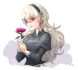 Rule 34 | 1girl, black hairband, black shirt, blouse, corrin (female) (fire emblem), corrin (fire emblem), cropped torso, curly hair, fire emblem, fire emblem fates, fire emblem if, flower, grey hair, hair between eyes, hairband, holding, holding flower, intelligent systems, long hair, long sleeves, nintendo, open mouth, pointy ears, red eyes, red flower, robaco, shirt, simple background, sketch, solo, twitter username, upper body, very long hair, white background