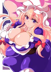 Rule 34 | 1girl, arm under breasts, blonde hair, bow, breasts, cleavage, closed mouth, elbow gloves, gloves, hair bow, hat, highres, holding, holding umbrella, huge breasts, long hair, looking at viewer, mob cap, nioti, outline, pink umbrella, purple eyes, red bow, sidelocks, solo, touhou, umbrella, white gloves, white hat, white outline, yakumo yukari