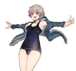 Rule 34 | 1girl, :d, armpits, bare shoulders, black one-piece swimsuit, blue jacket, blush, breasts, bright pupils, brown eyes, cleavage, commentary, covered navel, cowboy shot, floating clothes, foeyp, from below, fur-trimmed jacket, fur trim, grey hair, hair between eyes, hood, hood down, hooded jacket, jacket, jacket over swimsuit, looking at viewer, looking down, off shoulder, one-piece swimsuit, open clothes, open jacket, open mouth, original, outstretched arms, school swimsuit, school swimsuit flap, short hair, simple background, small breasts, smile, solo, spread fingers, standing, swimsuit, swimsuit under clothes, t-pose, teeth, tomboy, tomboy (foeyp), upper teeth only, very short hair, white background, white pupils, wide-eyed