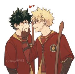 Rule 34 | 2boys, abbys4198, alternate costume, artist name, bakugou katsuki, blonde hair, blush, boku no hero academia, brown gloves, closed mouth, commentary, crossover, english commentary, eye contact, freckles, gloves, green eyes, green hair, gryffindor, harry potter (series), highres, looking at another, male focus, midoriya izuku, multiple boys, red eyes, short hair, simple background, smile, spiked hair, upper body, white background, wizarding world