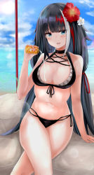 Rule 34 | 1girl, :d, absurdres, azur lane, bare arms, bare shoulders, bikini, black bikini, black hair, blue eyes, blue sky, blunt bangs, blush, breasts, cleavage, cloud, commentary request, day, deutschland (azur lane), deutschland (service time?!) (azur lane), fang, fingernails, flower, front-tie top, groin, hair flower, hair ornament, hand up, head tilt, highres, holding, horizon, long hair, looking at viewer, medium breasts, multicolored hair, navel, ocean, open mouth, outdoors, red flower, red hair, rock, ru zhai, sitting, sky, smile, solo, streaked hair, swimsuit, very long hair, water, white flower, white hair