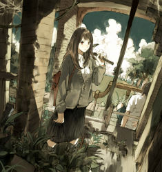 Rule 34 | 1girl, black skirt, blush, boots, brown eyes, brown hair, cardigan, cat, cloud, day, dutch angle, flower, grass, knee boots, long hair, moulton, original, overgrown, pickaxe, pleated skirt, ruins, skirt, sky, solo, tree