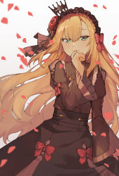 Rule 34 | 1boy, black dress, blonde hair, bow, commentary, crossdressing, dress, dress bow, flower, frills, gothic lolita, green eyes, hairband, highres, lolita fashion, lolita hairband, long hair, long sleeves, looking at viewer, male focus, nail polish, nijisanji, petals, red bow, red flower, red nails, red rose, rose, solo, trap, uzuki kou, very long hair, virtual youtuber, wide sleeves, yamimumemo