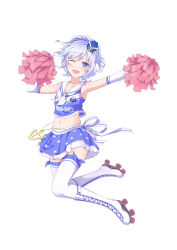 Rule 34 | 1girl, absurdres, alternate costume, anchor, blue eyes, blue skirt, boots, breasts, cheerleader, crop top, cross-laced footwear, elbow gloves, frilled skirt, frills, full body, gloves, hat, highres, jumping, midriff, mini hat, miniskirt, navel, pleated skirt, pom pom (cheerleading), purple hair, roller skates, sigsbee (warship girls r), simple background, skates, skirt, small breasts, solo, suanjianyanchendianyushui, thighhighs, warship girls r, white background, white footwear, white gloves, white thighhighs