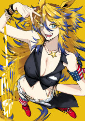 Rule 34 | 1girl, absurdres, akaya shiki, american flag, american flag legwear, american flag print, animal ears, artist name, bare shoulders, black jacket, blonde hair, blue hair, bracelet, breasts, cleavage, commentary request, commission, cropped jacket, flag print, full body, hand on own hip, highres, horse ears, horse girl, horse tail, jacket, jewelry, large breasts, long hair, midriff, multicolored hair, navel, obey your master (umamusume), red footwear, simple background, skeb commission, sleeveless, sleeveless jacket, solo, standing, streaked hair, tail, umamusume, umamusume: cinderella gray, v, very long hair, yellow background