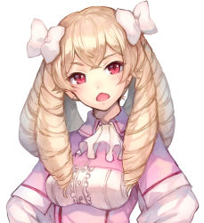 Rule 34 | 1girl, blonde hair, blush, bow, breasts, buttons, capelet, center frills, crossed bangs, dress, drill hair, earrings, fire emblem, fire emblem awakening, frills, hair bow, head tilt, jewelry, jurge, light brown hair, long hair, maribelle (fire emblem), medium breasts, nintendo, open mouth, pink capelet, pink dress, red eyes, simple background, solo, v-shaped eyebrows, white background, white bow