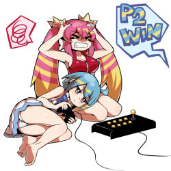 Rule 34 | &gt; &lt;, 2girls, barefoot, blue hair, breasts, cleavage, clenched teeth, closed eyes, controller, diti (selecta), duel monster, feet, hands on own head, holding, holding controller, ki-sikil (yu-gi-oh!), lap pillow, large breasts, lil-la (yu-gi-oh!), live twin ki-sikil, live twin lil-la, long hair, medium hair, multiple girls, nail, panties, pink hair, purple eyes, seiza, simple background, sitting, soles, spoken squiggle, squiggle, teeth, toes, twintails, underwear, white background, white panties, yu-gi-oh!, yuri
