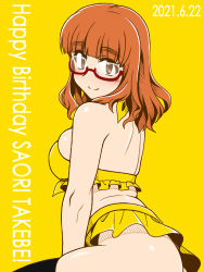 Rule 34 | 1girl, bikini, black thighhighs, blunt bangs, character name, closed mouth, commentary request, dated, english text, frilled bikini, frills, from side, girls und panzer, glasses, happy birthday, long hair, looking at viewer, oosaka kanagawa, orange eyes, orange hair, partial commentary, red-framed eyewear, semi-rimless eyewear, simple background, skindentation, smile, solo, swimsuit, takebe saori, thighhighs, under-rim eyewear, yellow background, yellow bikini