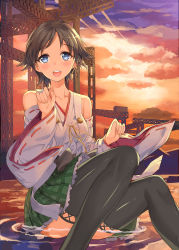 Rule 34 | 10s, 1girl, :d, black thighhighs, blue eyes, blush, cloud, collarbone, detached sleeves, hiei (kancolle), highres, jpeg artifacts, kantai collection, looking at viewer, md5 mismatch, mizuta kenji, no headwear, no legwear, nontraditional miko, open mouth, plaid, plaid skirt, ribbon-trimmed sleeves, ribbon trim, short hair, sitting, skirt, sky, smile, solo, tears, thighhighs, twilight, water