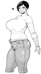 Rule 34 | 1girl, bad id, bad pixiv id, breasts, dekkano!!, denim, greyscale, hand on own hip, highres, huge breasts, jeans, light smile, mole, mole under eye, monochrome, pants, short hair, simple background, solo, sweater, synecdoche, thick thighs, thighs, turtleneck, white background