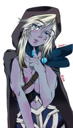 Rule 34 | 1girl, blue eyes, blush, breasts, dota (series), dota 2, drow ranger, drow ranger (dota), highres, hood, large breasts, long hair, nipples, open mouth, simple background, smile, solo, standing, white background, white hair