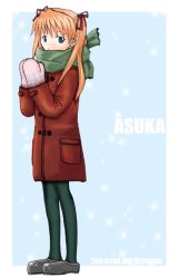 Rule 34 | 1girl, artist request, blue eyes, brown hair, coat, gainax, long hair, neon genesis evangelion, pantyhose, scarf, solo, souryuu asuka langley, twintails, two side up