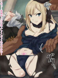Rule 34 | 1boy, 2girls, ass, black headwear, black pantyhose, blonde hair, blue panties, breasts, cameltoe, dark-skinned male, dark skin, fate/grand order, fate (series), flower, frown, fur collar, green eyes, grey flower, grey hair, hair flower, hair ornament, highres, long hair, multiple girls, navel, nipples, nomanota, panties, pantyhose, pubic tattoo, reines el-melloi archisorte, saliva, shiny skin, small breasts, solo focus, spread legs, tattoo, tongue, tongue out, torn clothes, torn pantyhose, translation request, underwear
