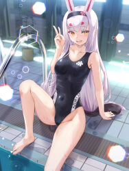 Rule 34 | 1girl, animal ears, azur lane, black one-piece swimsuit, breasts, clothes writing, competition swimsuit, hakamaboooots, highres, lens flare, long hair, one-piece swimsuit, poolside, puddle, rabbit ears, shimakaze (azur lane), small breasts, soaking feet, solo, swimsuit, v, water, wet, wet clothes, wet swimsuit, white hair, yellow eyes