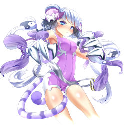 Rule 34 | 1girl, animal print, bare shoulders, black hair, blue eyes, bra-cky, chinese clothes, claws, double bun, hair bun, hair ornament, hairclip, haku (p&amp;d), long hair, multicolored hair, puzzle &amp; dragons, simple background, solo, tail, tiger print, tiger tail, white background, white hair