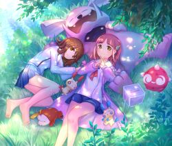Rule 34 | 2girls, barefoot, blue skirt, brown eyes, brown hair, closed mouth, commentary request, creatures (company), day, eyelashes, fuecoco, game freak, gen 2 pokemon, gen 3 pokemon, gen 7 pokemon, granbull, grass, hair ornament, hairclip, jacket, juliana (pokemon), knees, kutsunohito, lacey (pokemon), long sleeves, looking at viewer, lying, minior, minun, multiple girls, nintendo, on back, outdoors, pleated skirt, plusle, pokemon, pokemon (creature), pokemon sv, purple hair, shirt, skirt, smile, toes, white jacket, white shirt, x fingers, yellow eyes