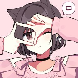 Rule 34 | 1girl, animal ears, black choker, bow, braid, brown hair, cat ears, choker, closed mouth, commentary, finger frame, hair bow, index finger raised, looking at viewer, one eye closed, pink background, pink bow, pink shirt, playstation symbols, portrait, project sekai, shinonome ena, shirt, short hair, sidelocks, simple background, solo, spoken symbol, square, symbol-only commentary, waka (wk4444), white bow