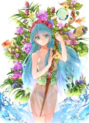 Rule 34 | 1girl, aqua eyes, aqua hair, bikini, bikini bottom only, braid, butterflyfish, commentary request, cowboy shot, crown braid, dress, fish, flower, flower request, go! princess precure, goldfish, highres, holding, holding staff, kaidou minami, long hair, looking at viewer, orb, partial commentary, plant, precure, see-through, smile, solo, staff, sundress, swimsuit, tropical fish, water, wet, wet clothes, white background, yuutarou (fukiiincho)