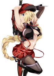 Rule 34 | alisa ilinichina amiella, armpits, arms up, bare shoulders, blonde hair, blue eyes, boots, braid, breasts, cosplay, cropped shirt, detached sleeves, excaliblader, fate/grand order, fate (series), gloves, god eater, hat, high heels, highres, jeanne d&#039;arc (fate), large breasts, long hair, miniskirt, pantyhose, plaid, plaid headwear, plaid skirt, skirt, solo, suspender skirt, suspenders, thigh boots, thighhighs, underboob, very long hair, watermark, white background