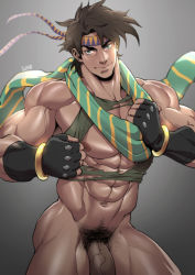 Rule 34 | 1boy, abs, absurdres, bara, blue eyes, brown hair, cowboy shot, flaccid, gloves, headband, highres, jojo no kimyou na bouken, joseph joestar, joseph joestar (young), large pectorals, looking at viewer, male focus, male pubic hair, muscular, nipples, nude, pectorals, penis, pubic hair, scarf, solo, suyohara, thick thighs, thighs, torn clothes, uncensored, veins, veiny penis