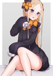 Rule 34 | 1girl, abigail williams (fate), absurdres, black bow, black dress, blonde hair, bloomers, blue eyes, blush, border, bow, dress, fate/grand order, fate (series), forehead, grey background, hair bow, highres, kopaka (karda nui), long hair, long sleeves, multiple bows, open mouth, orange bow, parted bangs, polka dot, polka dot bow, ribbed dress, simple background, sitting, sleeves past fingers, sleeves past wrists, solo, thighs, underwear, white bloomers, white border