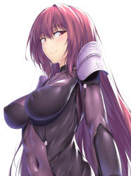 Rule 34 | 1girl, armor, blush, bodysuit, breasts, covered erect nipples, covered navel, fate/grand order, fate (series), large breasts, lips, long hair, looking away, looking to the side, matsunaga garana, pauldrons, purple bodysuit, purple eyes, purple hair, scathach (fate), shoulder armor, simple background, smile, solo, upper body, white background