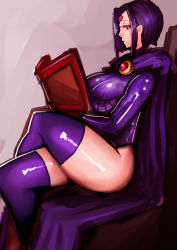 Rule 34 | 1girl, animification, book, breasts, cape, crossed legs, dc comics, large breasts, purple eyes, purple hair, purple thighhighs, raven (dc), short hair, sitting, solo, teen titans, thighhighs, thighs, zxc