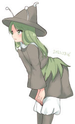 Rule 34 | 1other, amanomori shou, androgynous, antennae, boots, brown footwear, brown hat, brown shirt, brown skirt, commentary request, from side, green eyes, green hair, hat, highres, leaning forward, len&#039;en, long hair, long sleeves, open mouth, ougi hina, pants, pointy hat, shirt, simple background, skirt, solo, white background, white pants